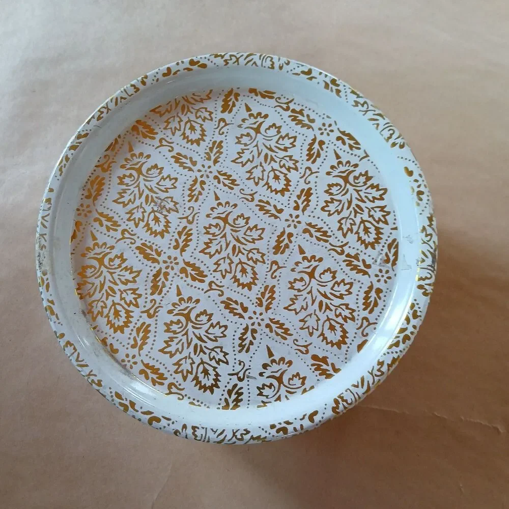 Vintage Container Tin Round Storage Box White & Gold Cottagecore Holiday